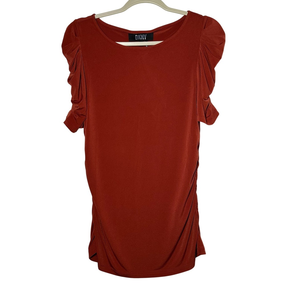 DKNY Ruched Sleeve Scoop Neck Top Rust Orange Women's Size L